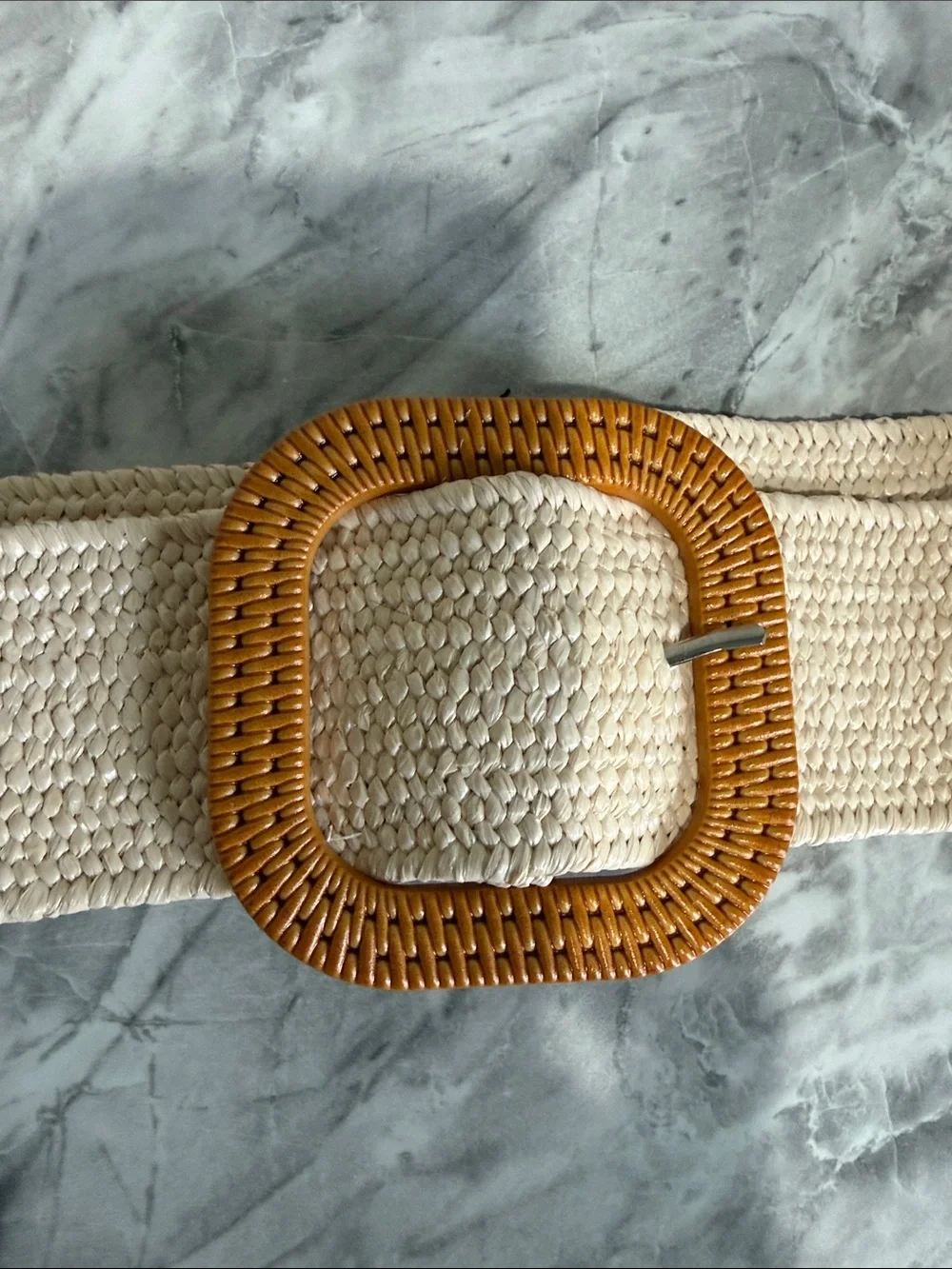 Vintage Ivory Stretch Woven Belt with Faux Bamboo Square Buckle Boho Coastal